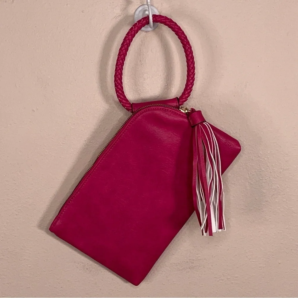 Fuchsia Pink Clutch Purse Tassel Faux Leather Bag Round Handle Zip Closure